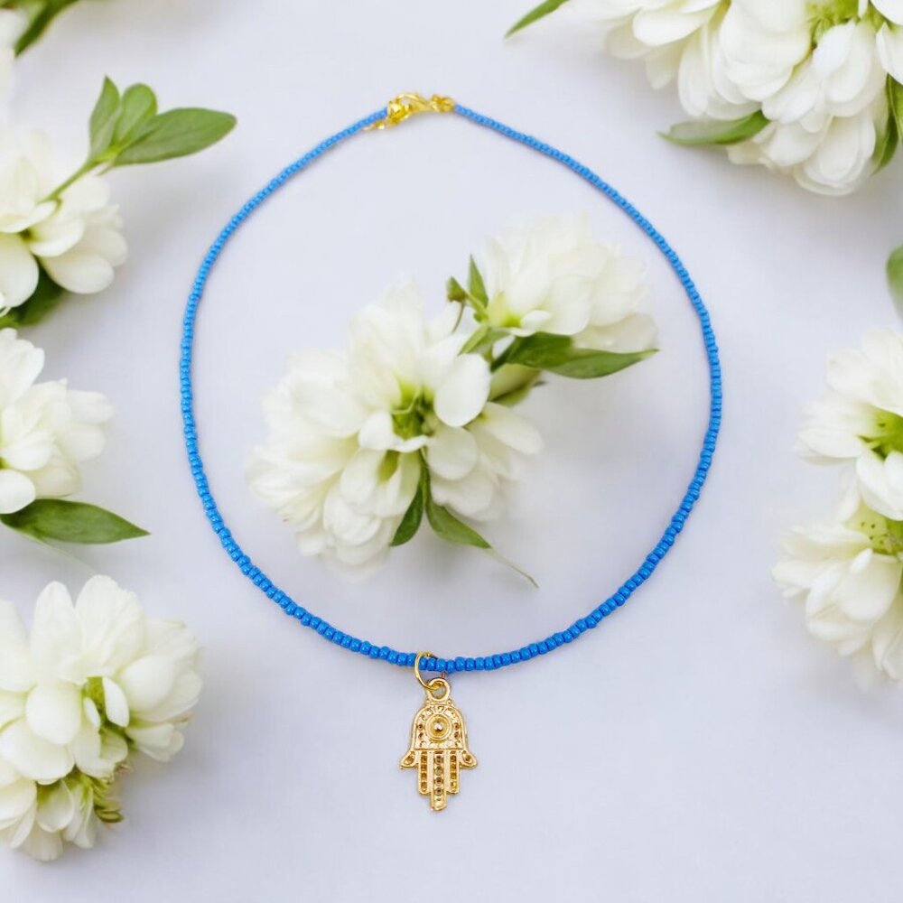 HANDMADE Blue Seed Bead Gold Hamsa Hand Mini Charm Choker Pendant Necklace